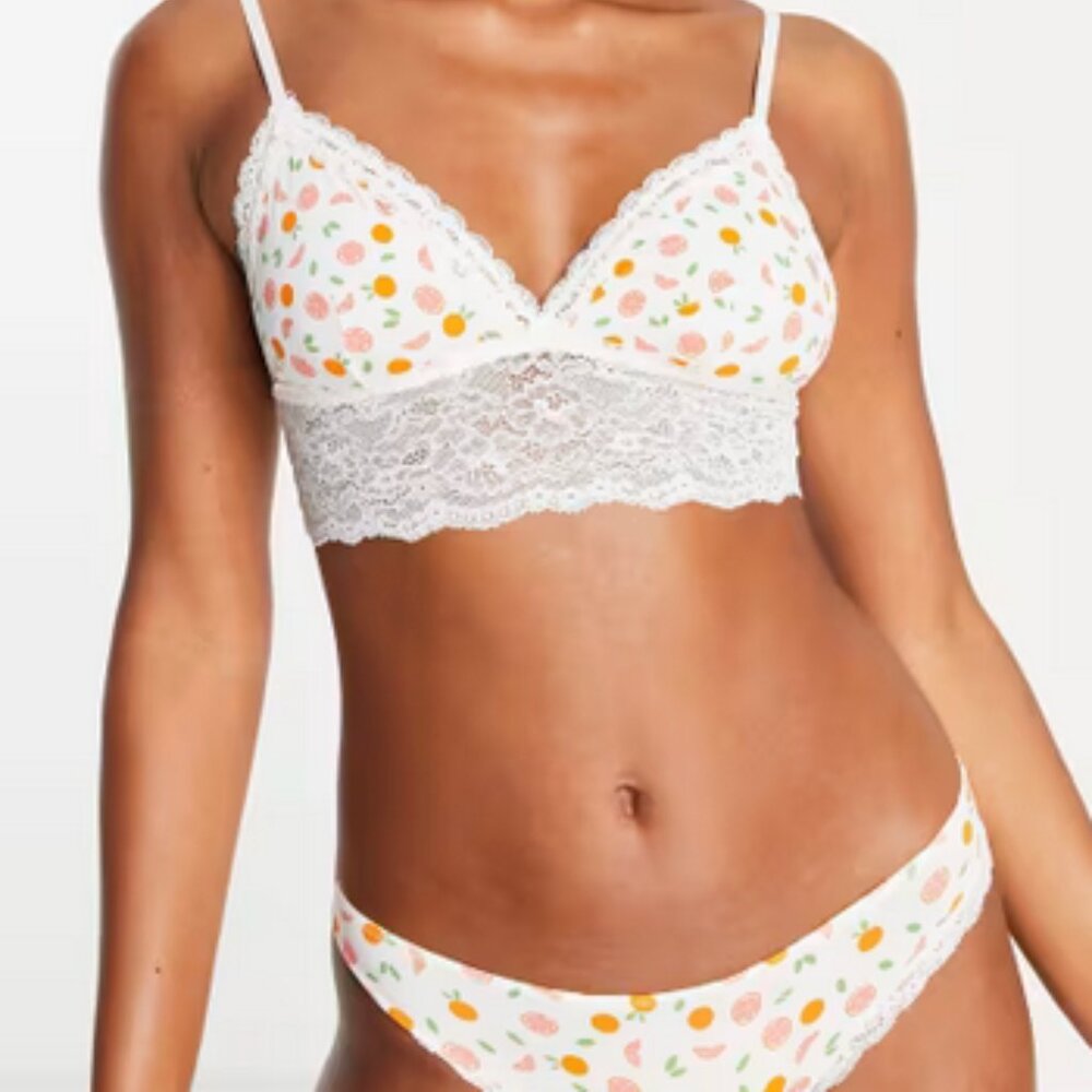 NWT! Monki Lace Edge Oranges Print Bralette & Underwear Set